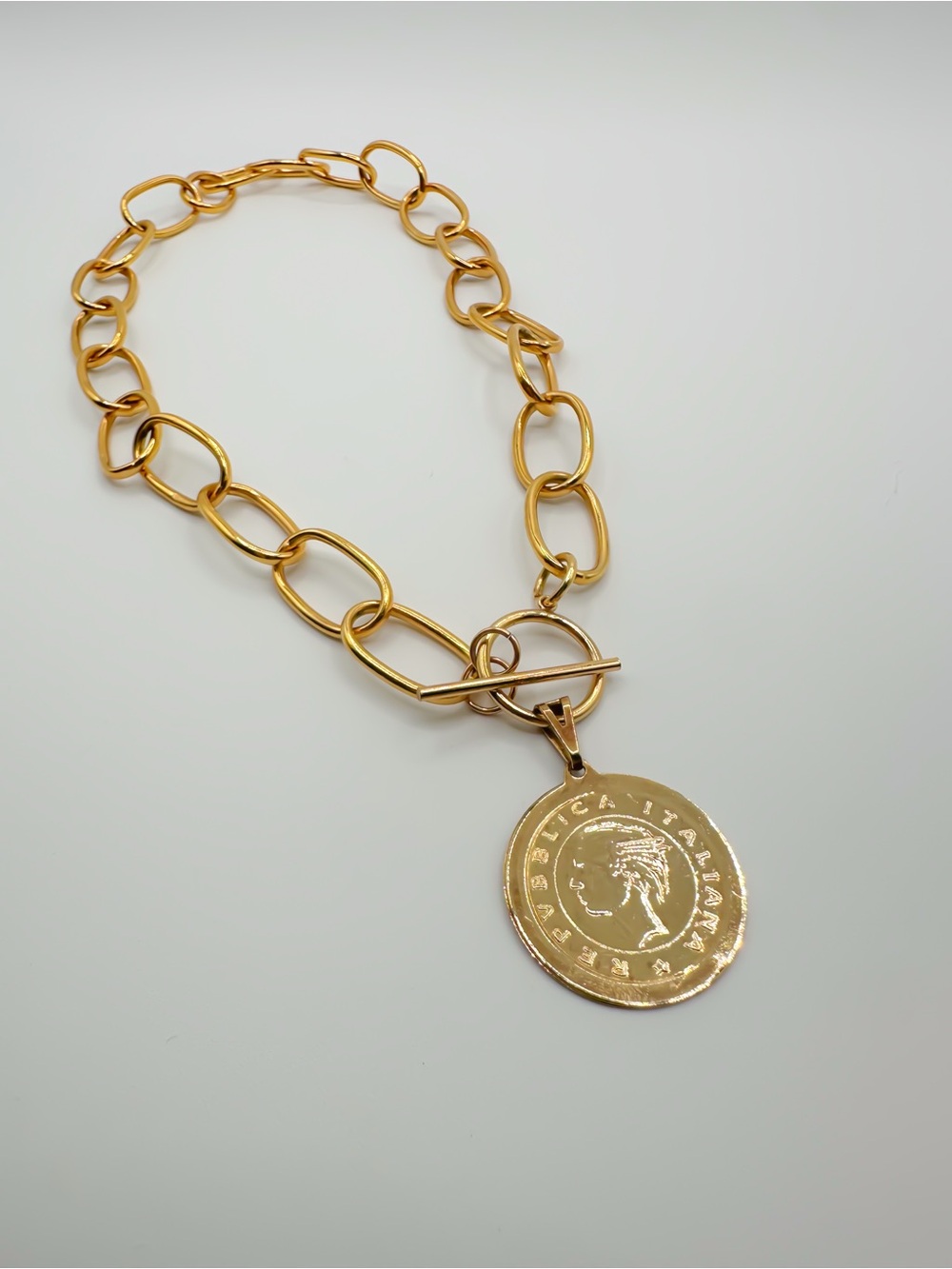 Gold Tone Chain Link Necklace with Coin Pendant